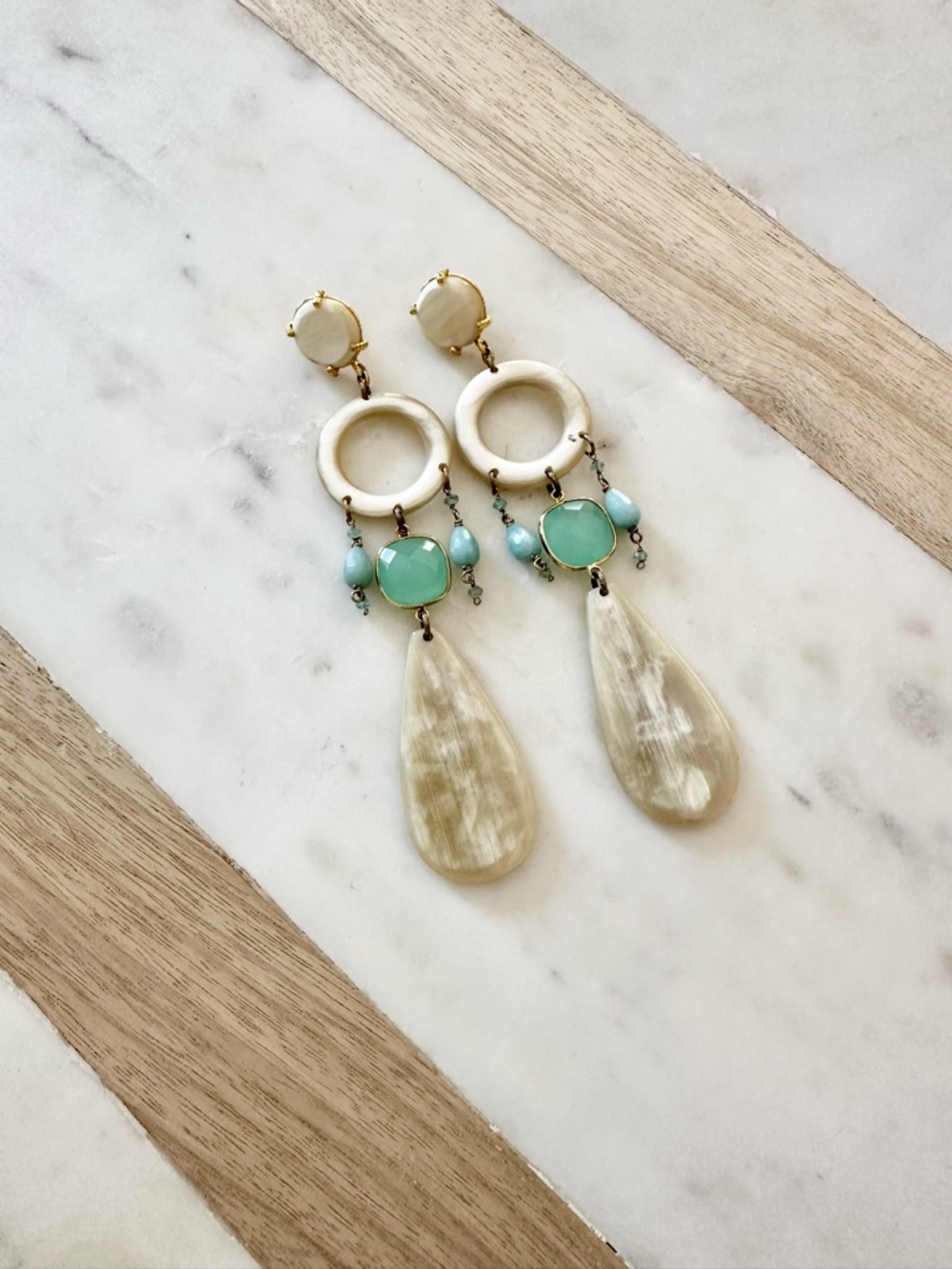 Amlé Vintage Italian Horn Cream and Aqua Teardrop Statement Dangle Earrings
